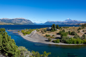 lago huechulafquen and peak of lanin volcano at lanin national park, patagonia, argentina