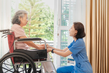 Fototapeta premium An elderly woman in a wheelchair shares a conversation with a caring healthcare professional in an outdoor setting. The scene highlights support, healthcare, and emotional well being in a peaceful.