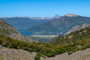 view from base of volcano lanin towards hechulafquen lake at lanin national park, patagonia, argentina