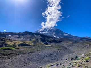 peak of cone-shaped volcano Lanin with its glacier, patagonia, argentina
