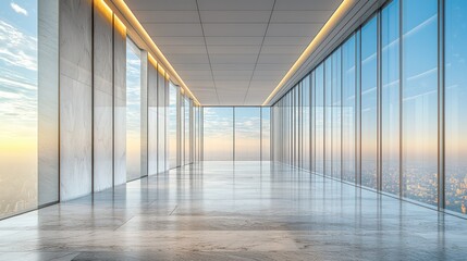 Fototapeta premium Hallway with large windows overlooking city skyline
