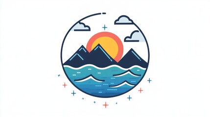 Obraz premium Simple graphic of sunrise over mountains and ocean. Use in a nature-themed design project or social media post.