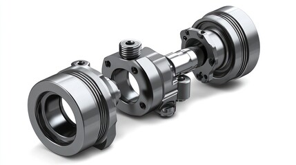 Exploded view of a metallic industrial component, showcasing its intricate internal mechanism and individual parts.