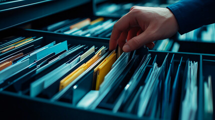 A hand searches through a filing cabinet drawer filled with folders and documents in an office setting