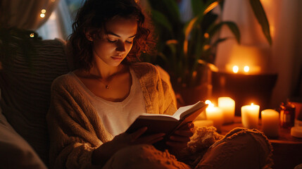 A woman reading a book by candlelight in a cozy room with soft lighting and a relaxed atmosphere