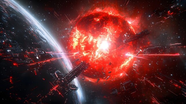 Futuristic space station orbiting a massive red supergiant star