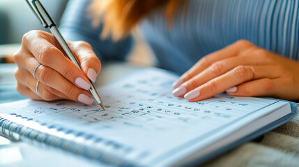 Woman's hands writing in a spiral notebook with a silver pen on a light blue striped background