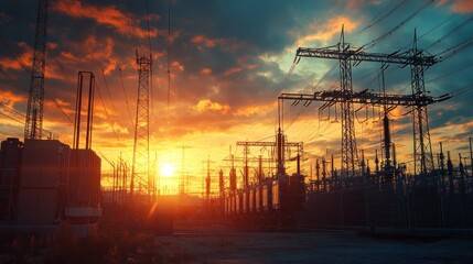 electrical substation illuminated by a dramatic sunset with intricate power lines against the vibrant skyline generating energy distribution network