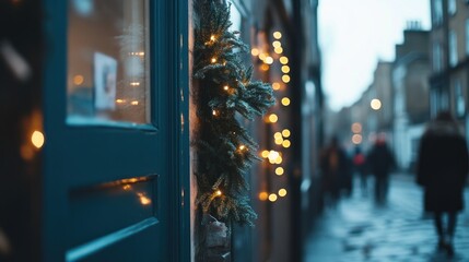 Naklejka premium Festive teal door with garland and fairy lights on a cobblestone street, blurred pedestrians in background.