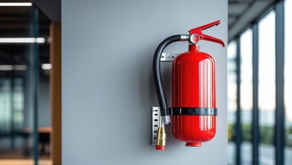 A red fire extinguisher mounted on a wall in a modern office space, symbolizing safety and fire prevention