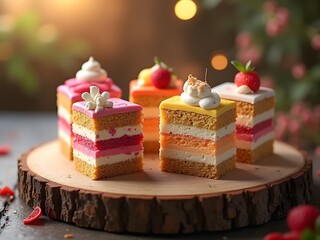 Layered Cake Slices Displayed on Slab: Beautiful slices of colorful layered cakes arranged on a rough slab, set against a glowing bokeh background, highlighting textures and bright tones.