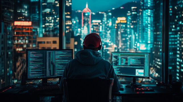 Person coding with dual monitors overlooking a brightly lit cityscape at night from a high rise