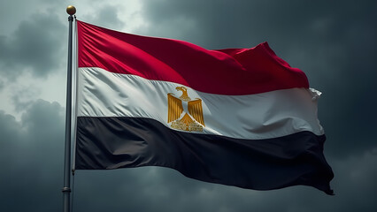 Naklejka premium Powerful HD image of Egypt's flag waving fiercely, its red, white and black stripes with golden eagle emblem standing out against dark storm clouds in dramatic atmospheric lighting.