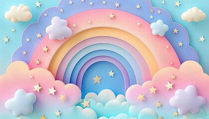 Soft pastel rainbow arches surrounded by fluffy clouds and scattered small stars on a gentle blue sky background, evoking a dreamy and peaceful atmosphere