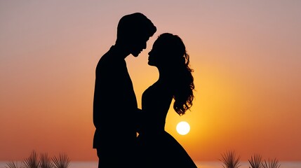 Silhouette of a couple embracing at sunset, romantic moment