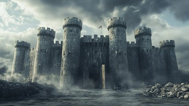 Enigmatic Medieval Castle with Towering Walls and an Ominous Sky, Evoking Tales of Yore