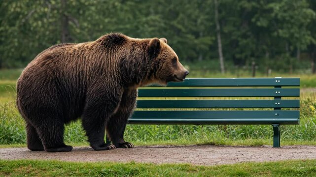 Curious bear exploring park bench in serene forest setting
