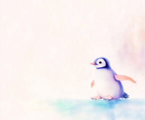 watercolor illustration of a cute little penguin sliding on ice, soft blue and white hues, playful