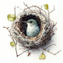 Obraz premium Tiny Bird Nest with a Bird Inside Surrounded by Twigs and Leaves