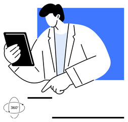 Individual holding tablet device interacts with 360-degree navigation concept. Ideal for technology, innovation, workspace, digital interaction, virtual reality, exploration, education. Flat simple