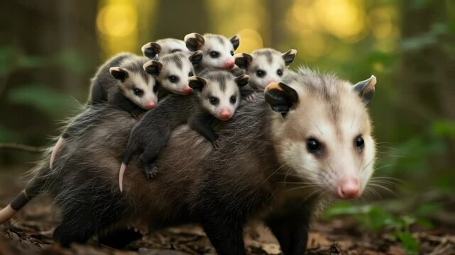Mother opossum carries babies through forest in early morning light