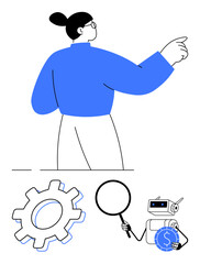 Confident woman gestures forward near gear for innovation, magnifying glass for analysis, robot holding coins for automation. Ideal for technology, AI, business, education, innovation, teamwork flat