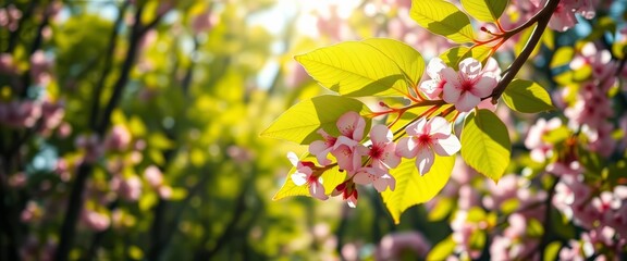 Obraz premium Vibrant new cherry blossom leaf, spring forest sunlight, environment, outdoor