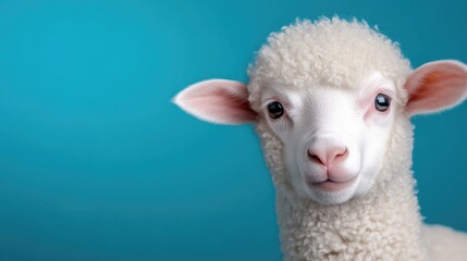 Naklejka premium Cute fluffy white lamb portrait showing soft curly wool and pink ears against a solid blue background.