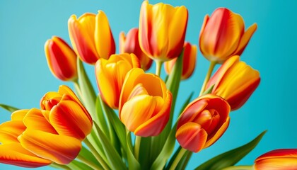 Vibrant parrot tulips in full bloom, arranged in a vase against a serene blue background, spring holiday, colorful