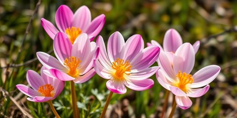 Fototapeta premium Vibrant pasque flower blossoms bathed in sunlight, showcasing delicate petals against a natural spring backdrop, beauty, background