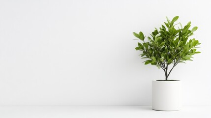 A potted green plant sitting on a white surface against a minimalist white wall, modern interior design with clean lines, and natural home decor concept.