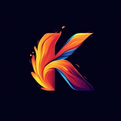 Letter K art. Colorful, flame-like, against black