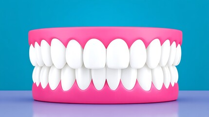 A 3D model of a full set of healthy, bright white teeth set in pink gums