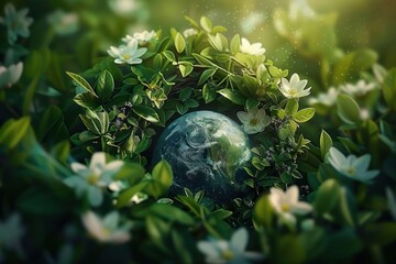 small earth globe surrounded by green leaves and white flowers with glowing light and sparkles creating a peaceful and natural atmosphere