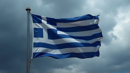 Obraz premium Dramatic HD image of Greece's blue-and-white striped flag waving powerfully against stormy skies. The cross and stripes appear vivid against dark clouds, symbolizing national strength and heritage.