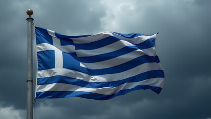 Dramatic HD image of Greece's blue-and-white striped flag waving powerfully against stormy skies. The cross and stripes appear vivid against dark clouds, symbolizing national strength and heritage.