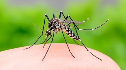 Close-up of a mosquito feeding on human skin.  Insect detail shown against a blurred green background