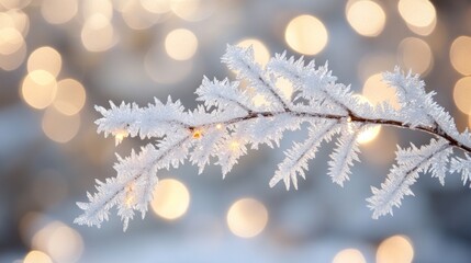 Frosty winter branch with bokeh lights in background.