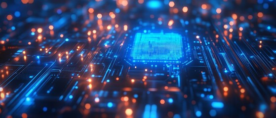 Closeup of a glowing blue digital fingerprint on a circuit board background