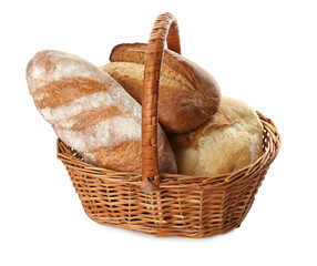 Different loaves of fresh bread in basket isolated on white