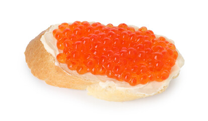 Tasty sandwich with red caviar isolated on white