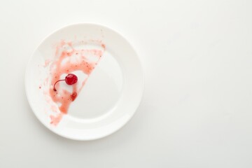 Dirty plate on white background, top view. Space for text