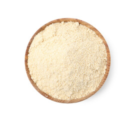 Superfood product. Sesame seeds powder in bowl isolated on white, top view