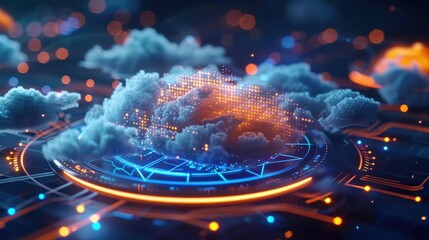 Futuristic digital cloud computing concept with glowing blue and orange lights and pixelated cloud formations hovering over a circular interface