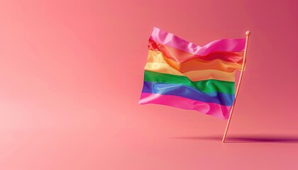 Colorful rainbow flag with six horizontal stripes waving on a pink background, symbolizing pride and celebration