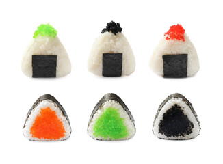 Tasty onigiri with tobiko isolated on white, set