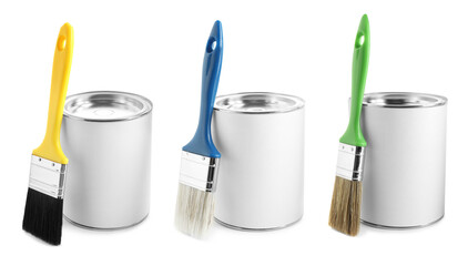 Cans with paints and brushes isolated on white, set