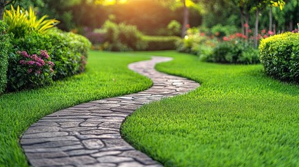 Beautiful Summer Garden with Walkway Winding Through, Path Leading Through Garden 