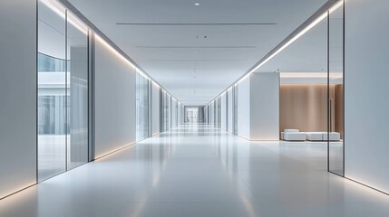 Modern Minimalist Hallway with Sleek Glass Walls and Soft Lighting