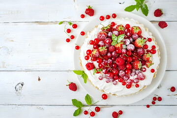 summer dessert topped red berries, placed on a rustic white wooden background